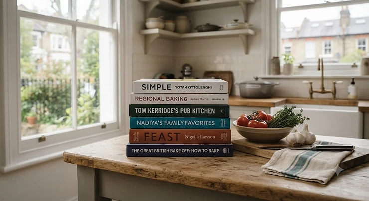 A stack of popular British cookbooks featuring classic and modern recipes on a wooden kitchen counter. best british cookbooks