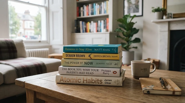 A stack of popular happiness books and bestsellers arranged on a wooden desk, representing top-rated self-care and wellbeing reads in the UK. happiness books bestsellers