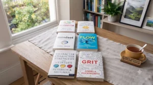 Flat lay of top-rated positive psychology books recommended for personal growth and flourishing.