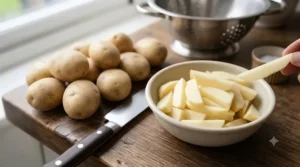 Freshly cut Maris Piper potatoes prepared for making authentic British chips.