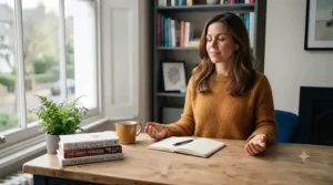 Someone practising deep breathing and stress management techniques at a tidy desk setup.