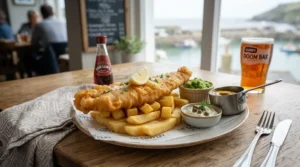 A classic plate of British fish and chips with mushy peas and tartar sauce, featured on the cover of a British fish and chips cookbook.