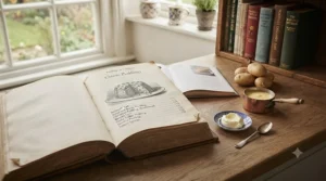 Close-up of a traditional British pudding cookbook index page listing spotted dick and sticky toffee.