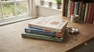 Affordable paperback traditional British recipe books laid out on a kitchen worktop.