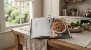 A budget-friendly vegetarian cookbook surrounded by affordable fresh ingredients like root vegetables and pulses.