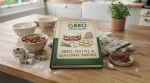 Festive mince pies and gingerbread biscuits displayed in a winter baking cookbook from the GBBO series.