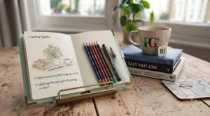 Colourful pens and coloured pencils laid across an aesthetic, blank-paged gratitude journal ready for creative writing.