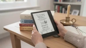 Digital mental health recovery books displayed on an e-reader tablet for accessible online psychological support.
