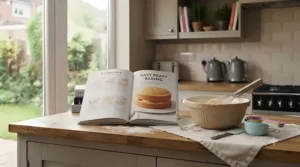 A beginner-friendly baking book opened to a simple Victoria sponge cake recipe.