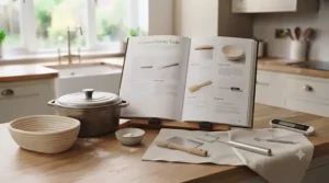 Step-by-step instructions from a beginner-friendly bread making book laid out on a floured kitchen worktop.[cite: 3]