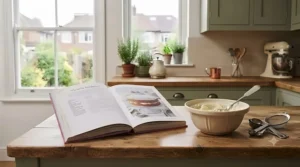 Beginner-friendly cake baking book open to a simple Victoria sponge recipe page with weighing scales nearby.