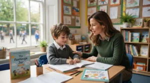 A teacher and a young pupil engaging in a positive learning activity, reflecting emotional intelligence in education.