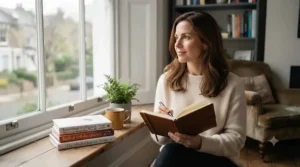 A person journaling by a window with a cup of tea, focusing on self-awareness and emotional regulation.