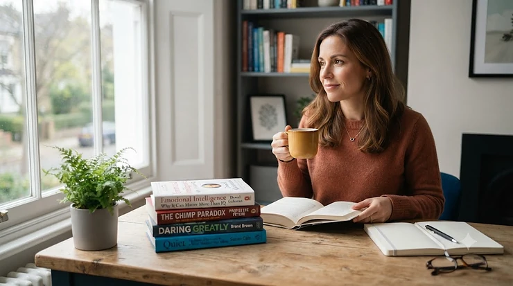 A stack of popular emotional intelligence books on a wooden desk, representing self-awareness and personal development for UK readers. emotional intelligence books