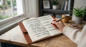 An open notebook displaying a reading list of emotional intelligence books next to a reading lamp.