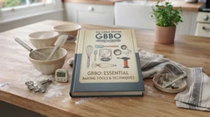 Open pages of a Great British Bake Off book surrounded by measuring spoons, scales, and mixing bowls.