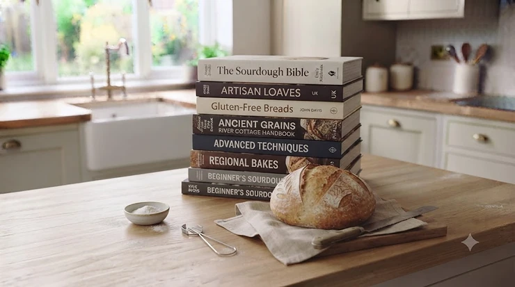 Essential baking tools including a banneton and lame displayed alongside top-rated bread making books.[cite: 6] bread making books cake baking books
