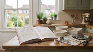 Essential baking tins, spatulas, and measuring cups arranged neatly around a modern cake baking book.