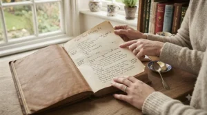 Hands turning the handwritten pages of a family heirloom British recipe notebook in a country kitchen.
