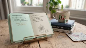 A pastel-coloured gratitude diary opened beside a houseplant and a warm mug, symbolising self-care and positivity.