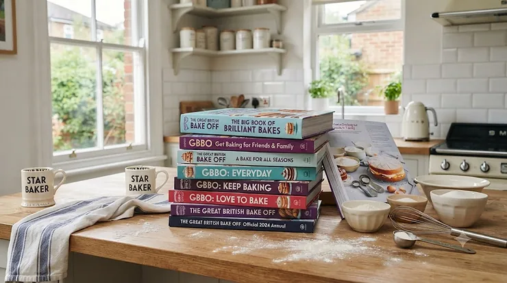 A colourful stack of official Great British Bake Off recipe books arranged on a wooden kitchen worktop next to a baking whisk. great british bake off books
