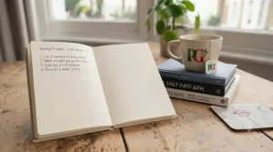 An open gratitude journal displaying structured weekly prompts and positive affirmations for mental health.