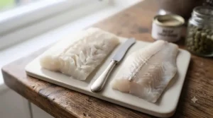 Fresh fillets of sustainable British cod and haddock on a wooden preparation board.