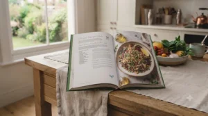 A wholesome vegetarian bestseller resting on a rustic kitchen counter next to fresh leafy greens.