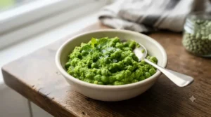 Vibrant green homemade mushy peas served in a small bowl alongside sea salt.