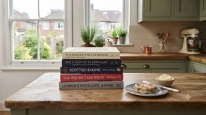 Independent UK bakery cookbooks highlighting regional British cake recipes and baking guides.