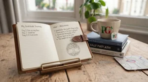 A stack of premium leather-bound gratitude journal books with silk ribbon bookmarks on a minimalist shelf.