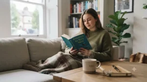 A person reading one of the top happiness books bestsellers while enjoying a cup of tea in a cosy British living room.