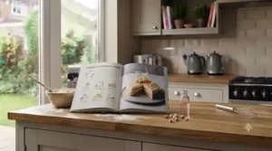 Contemporary layer cakes styled on a marble countertop next to a modern baking guide.