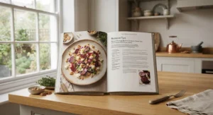 A modern British cookbook open to a beautifully plated contemporary recipe with fresh herbs.