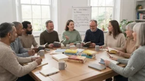 Diverse adults in a supportive UK mental health recovery book club sharing reflections and coping strategies.
