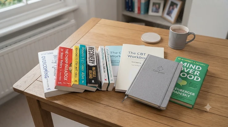 Flat lay of top-rated mental health recovery books arranged neatly to help readers find wellbeing guidance. mental health recovery books