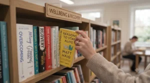 Hands browsing through mental health recovery books on a bookshelf in a local UK community library.