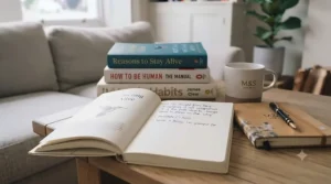 An open copy of a bestselling personal growth book surrounded by a notebook and pen for daily journaling.