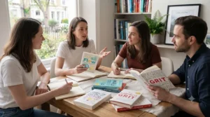 A UK book club discussing key takeaways from popular positive psychology books in a bright room.