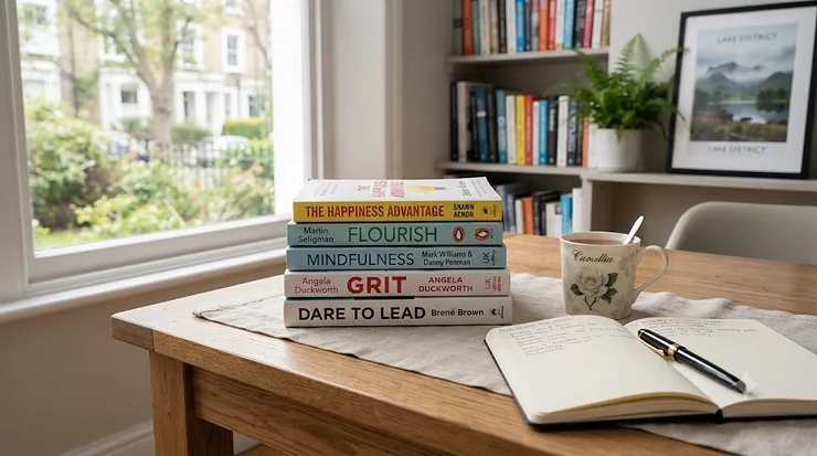 A curated stack of positive psychology books on a wooden desk, representing popular wellbeing reads in the UK. positive psychology books