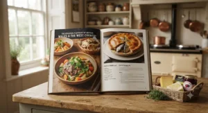 A regional British cookbook surrounded by local specialty ingredients from across the UK.