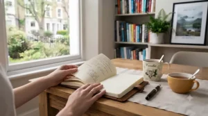 Someone reading a positive psychology book with a cup of tea, promoting mental health and self-care.