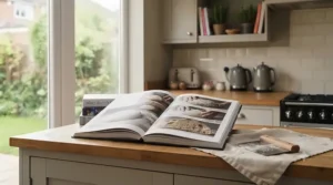 Open pages of a sourdough recipe book showcasing artisan loaf photography.