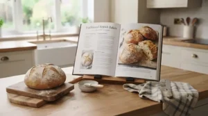 Open pages of a popular sourdough bread making book next to a freshly baked artisan loaf and a jar of active starter.[cite: 2]
