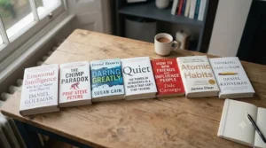 A curated selection of top-rated emotional intelligence books laid out flat on a neutral background.