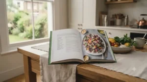 A close-up of a top-rated plant-based cookbook opened to a popular everyday recipe.