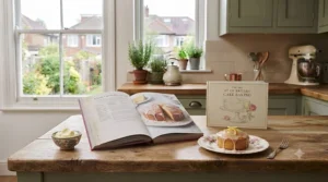 Reader browsing through a curated selection of top-recommended cake baking books on a wooden table.