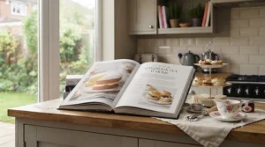 A tiered cake stand with classic British bakes next to a popular afternoon tea baking book.
