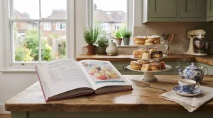Selection of traditional afternoon tea bakes showcased alongside a vintage British baking recipe book.
