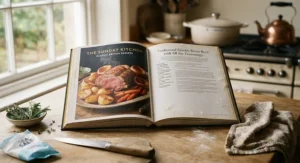 Open pages of a traditional British cookbook showcasing classic Sunday roast and pie recipes.